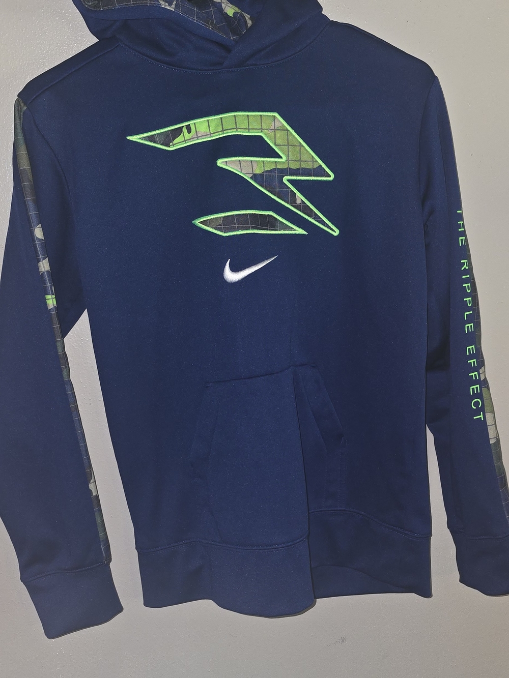 Nike Men’s Navy Blue Crewneck Hoodie with Neon Green Logo